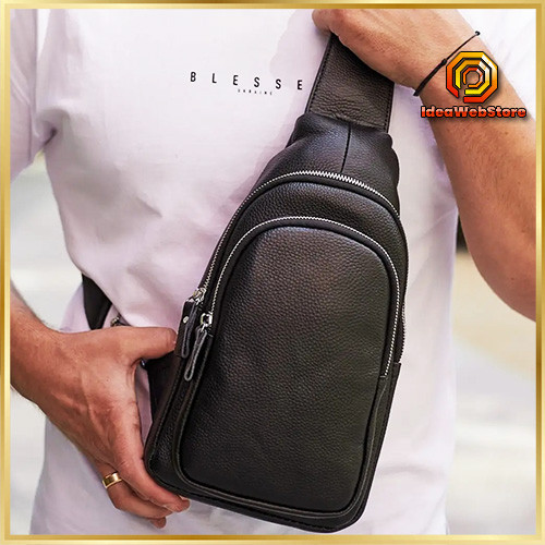 Чоловіча стильна сумка слінг чорна через плече з натуральної шкіри Київ - фото 1