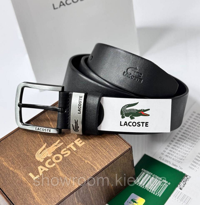 Мужской кожаный брендовый ремень Lacoste (987) черный Киев - изображение 1