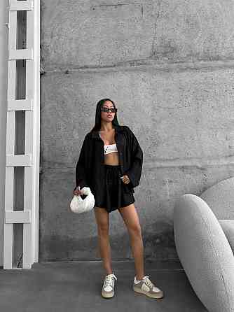 Жіночий літній оверсайз костюм-двійка: сорочка та шорти льон Чорний Одеса