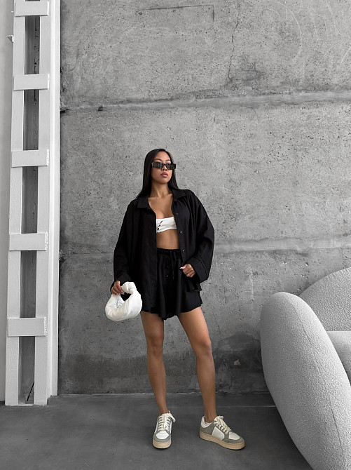 Женский летний прогулочный оверсайз костюм двойка: рубашка и шорты лен Черный Одесса - изображение 2