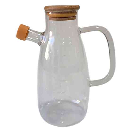 Стеклянная бутылка для масла и уксуса с носиком и дозатором 650 мл, деревянная крышка, квадратная ручка HP-34-1-650 Киев