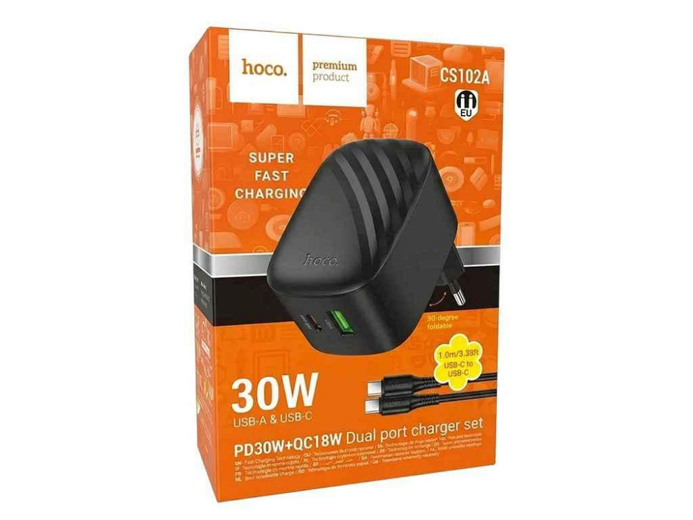 Сетевое зарядное устройство Type-C to Type-C CS102A 3A/1USB/PD30W/QC3.0 черный 1м ТМ HOCO Киев - изображение 1