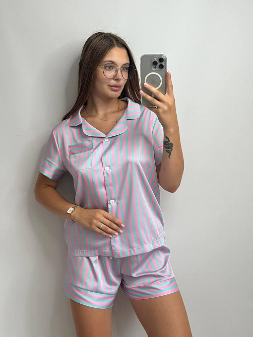 Жіноча сатінова піжама смужка Блакитно-Розовий M-L Харків - фото 5