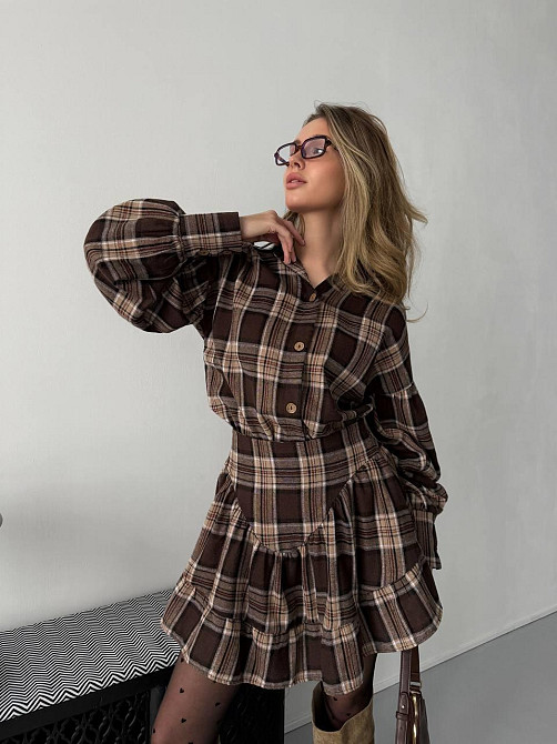 Жіночий стильний костюм-двійка: сорочка та спідниця в карту тіар Шоколадний, 42/44 Одеса - фото 7