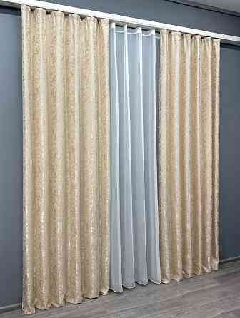 Комплект штор VR-Textil Лен Мрамор 150х270 2шт и Тюль 600х270 1713ш-1276т Айвори с белым 71-010/5 Киев