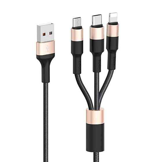 Кабель HOCO X26 USB to iP+Type-C+Micro 2A, 1m, nylon, aluminum connectors Black+Gold Київ