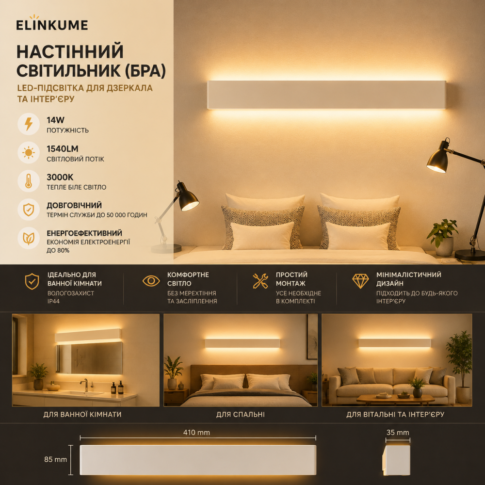 Настенный LED-светильник ELINKUME 41 см 14W 1540 лм, бра для зеркала и ванной, теплый желтый свет Киев - изображение 16
