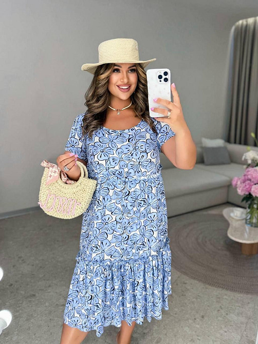 Жіноче легке принтоване плаття батал штапель Блакитний, 52 Одеса - фото 1