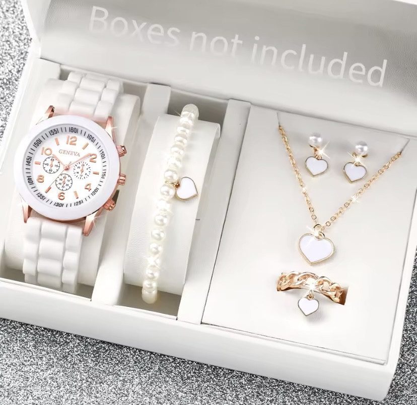 Подарочный набор для женщин сердце наручные часы браслет кольцо ожерелье и серьги без подарочной коробки белый Киев - изображение 1