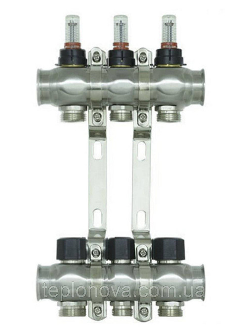Колектор нержавійка на 3 пари виходів "Raftec" RC-03 для Теплої Підлоги з розходомірами Чернівці - фото 1