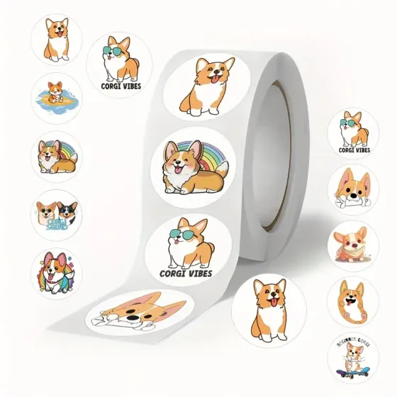 Рулон наліпок із коргі – 500 штук, 6 милих дизайнів цуценят Київ