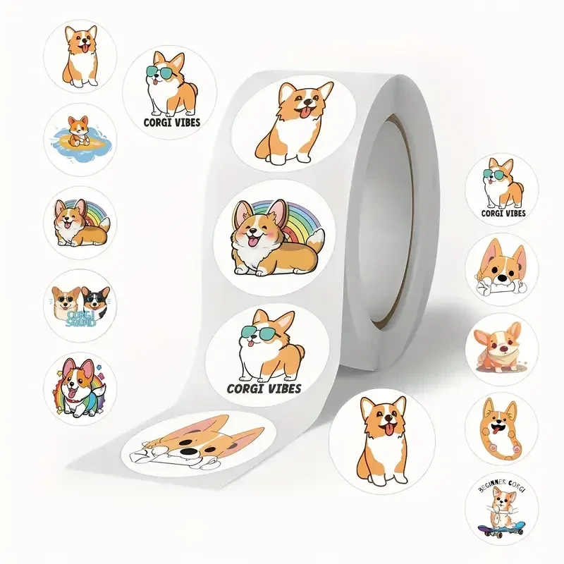 Рулон стикеров с корги – 500 штук, 6 милых дизайнов щенков Киев - изображение 1