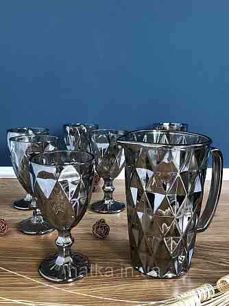 Набір 6 шт. келихів + глечик 1 л. «Дзеркальний Смарагд» 300 мл графітовий колір Київ