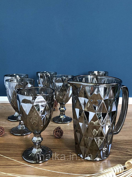 Набір 6 шт. келихів + глечик 1 л. «Дзеркальний Смарагд» 300 мл графітовий колір Київ - фото 3