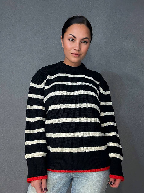 Светр жіночий MIX RAY 6635 смужка оверсайз подовжений вільний крій, чорний, one size Київ - фото 13