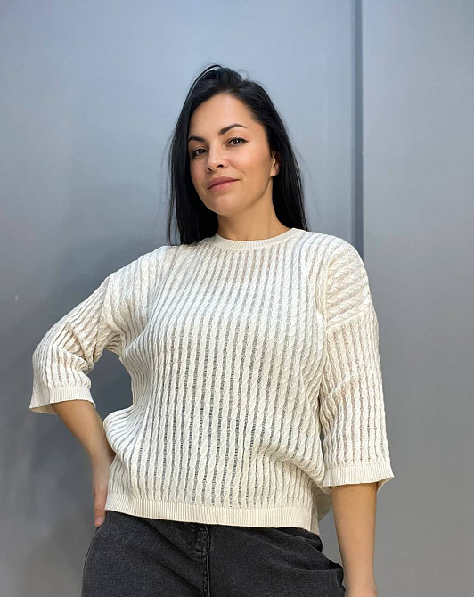 Джемпер женский KARON 10646 полупрозрачный реглан ажурная вязка косичка короткий рукав one size, молочний, one size Киев - изображение 9