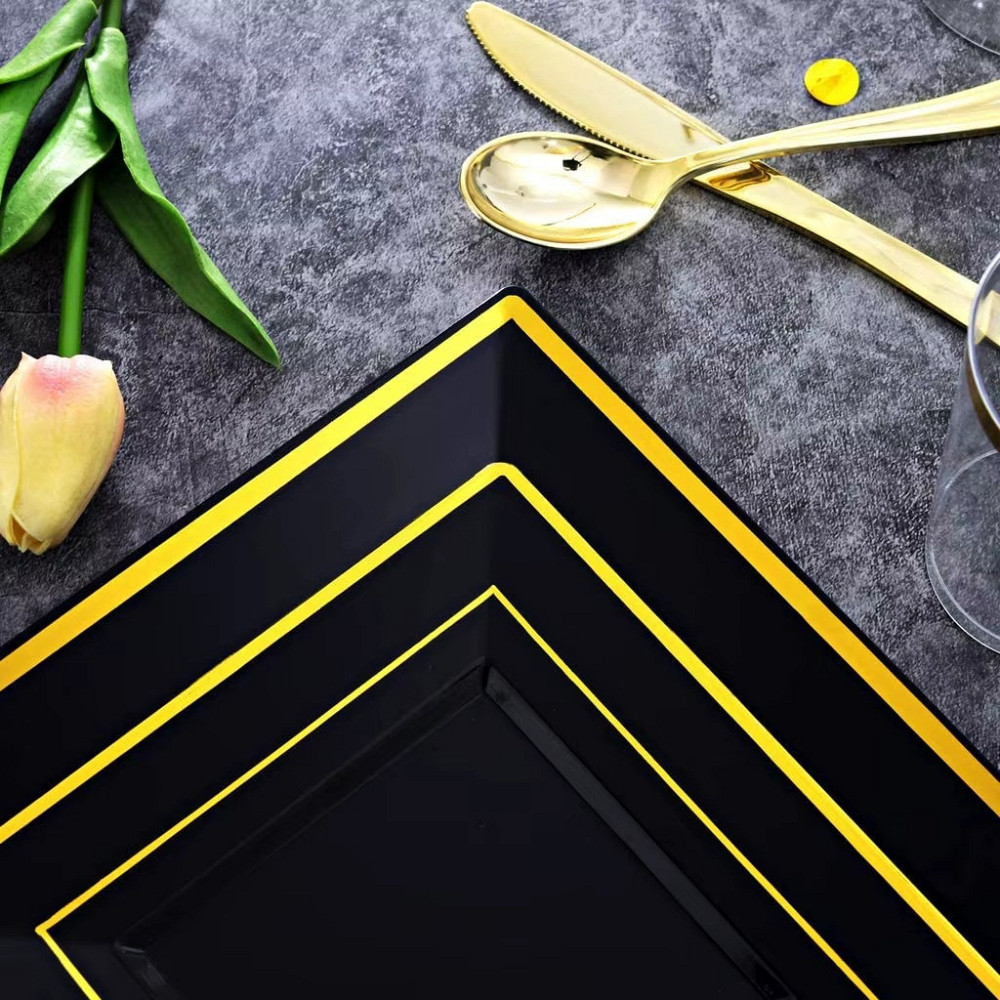 Набір тарілок пластикових 12 шт, десертні 16.5 см і обідні 24 см, квадратні, чорні з золотистим контуром Кам'янець-Подільський - фото 7