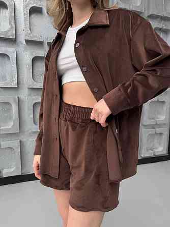 Женский прогулочный оверсайз костюм двойка: рубашка и шорты турецкий велюр спорт Шоколад Одесса