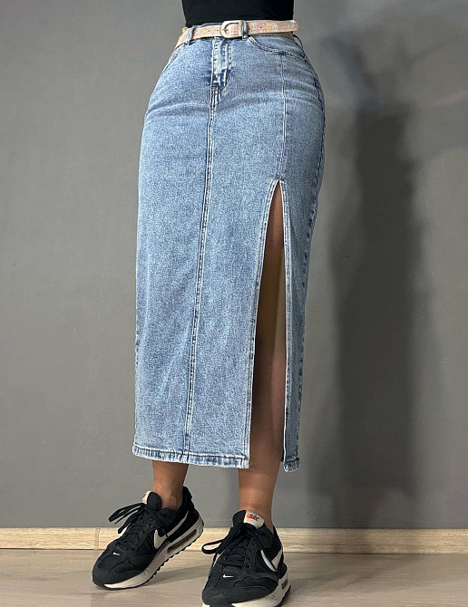 Юбка женская джинсовая Vanver 2030 длинная с боковым разрезом и ремнем голубая, голубой, 28, 28, 73 см, 98 см Киев - изображение 1