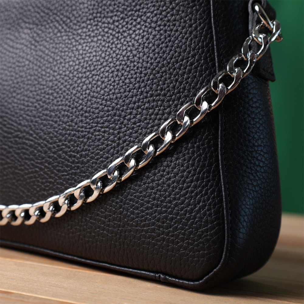 Жіноча сумка багет з ланцюжком і ремінцем що знімається з зернистої натуральної шкіри Чорна (SHVIGEL) Київ - фото 4
