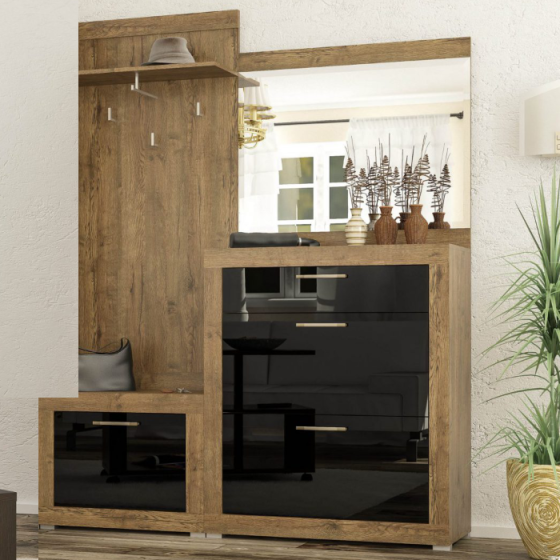 Модульная прихожая Парма с зеркалом (комплект ВТ 158 см) Mebelservice Дуб Април, Черный глянец Львов