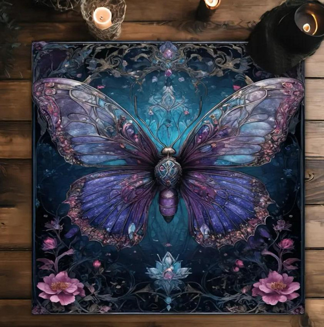 Алтарная скатерть с бабочкой и цветами для карт Таро и Рун. Скатерть для гадания 49*49 см. Киев - изображение 1
