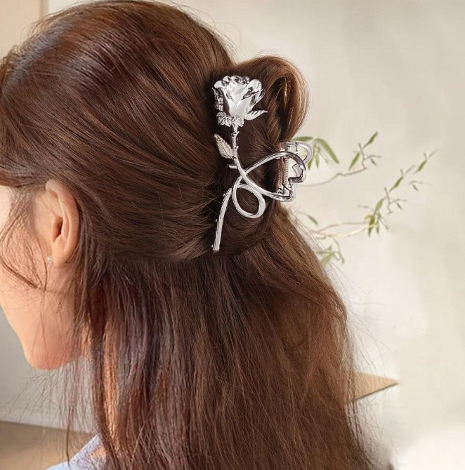 Заколка-краб для волос металлическая Роза с сердцем серебристая 11 см Киев - изображение 2