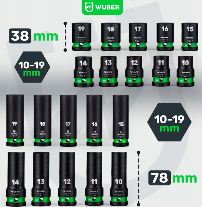 Набор ударных торцевых головок 1/2» 10-19мм Wuber (Польша) Киев - изображение 2