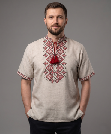 Лляна чоловіча вишиванка з орнаментом Святкова червона Київ