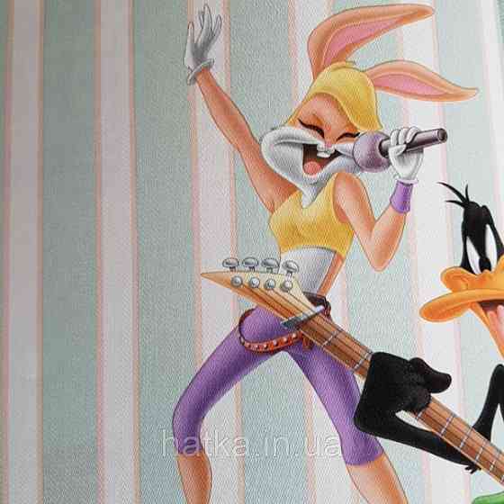 Обои виниловые на флизелине AdaWall Ada Kids метровые детские герои мультфильма Луни тюнз полосы зеленые белые Киев