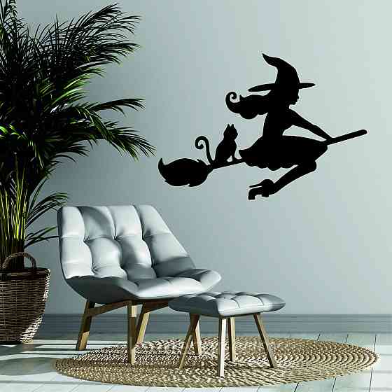 Декоративное настенное Панно «Ведьма на метле с котом», Декор на стену 110*77 см, Черный Киев