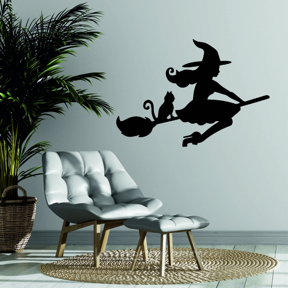 Декоративное настенное Панно «Ведьма на метле с котом», Декор на стену 110*77 см, Черный Киев - изображение 1