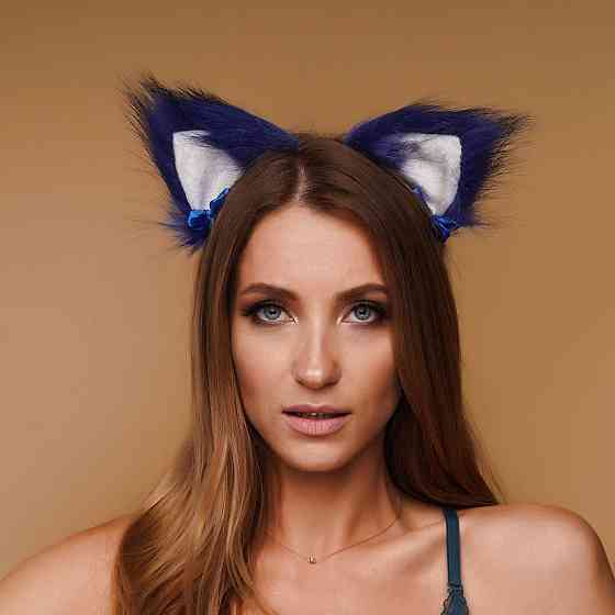 Меховые ушки кошки с бантиком, Синие с белым OKOVA Sex Aura Киев