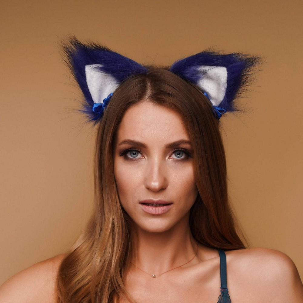 Меховые ушки кошки с бантиком, Синие с белым OKOVA Sex Aura Киев - изображение 2
