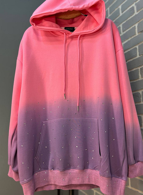 Худі жіноче Joy One 3009 з капюшоном подовжене оверсайз градієнт кольору розсип камінців one size рожевий, рожевий, one size Київ - фото 13