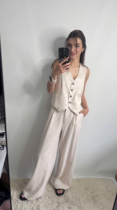 Лляний костюм-трійка в класичному стилі Пудровий XS-S Харків - фото 3