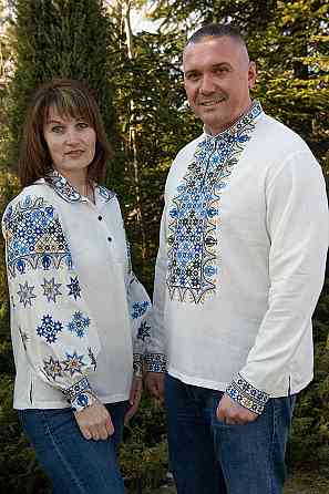 Вышиванка мужская, льняная, с длинным рукавом, молочная, лен   , топ Киев