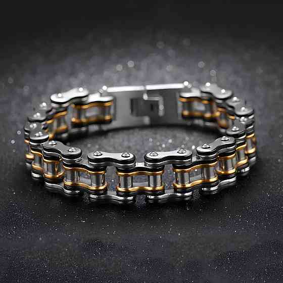 Чоловічий браслет RESTEQ з нержавіючої сталі у вигляді мотоциклетного ланцюга, чорний-золото-сріблястий Київ