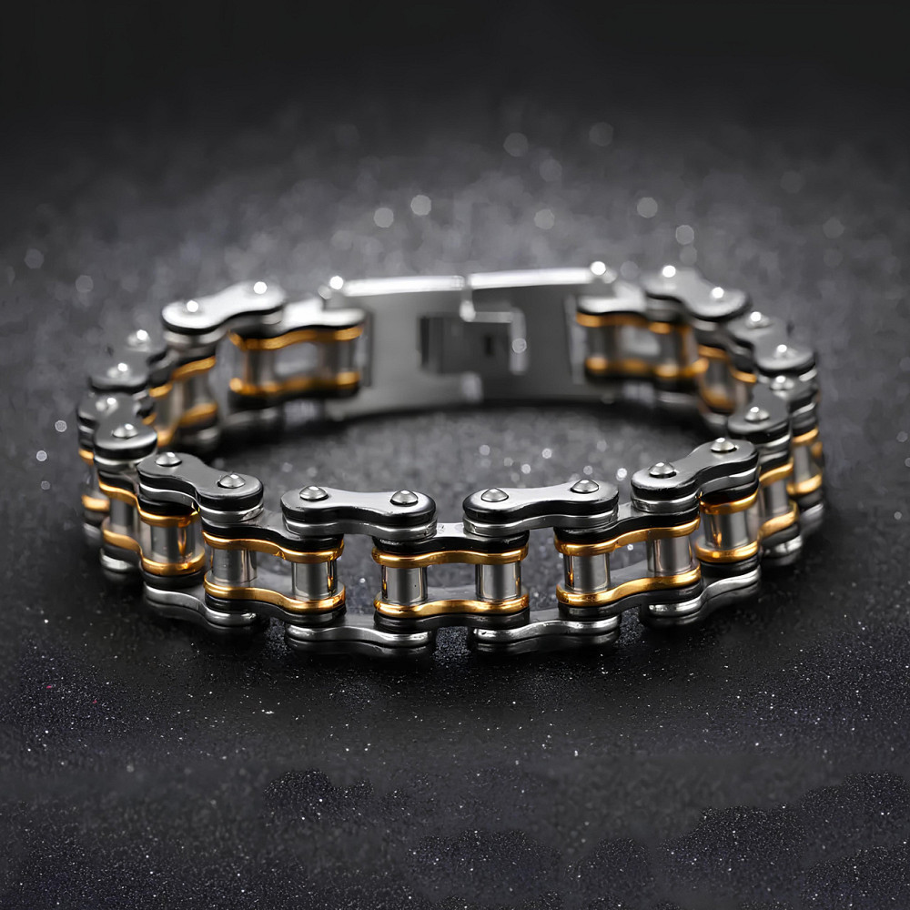 Чоловічий браслет RESTEQ з нержавіючої сталі у вигляді мотоциклетного ланцюга, чорний-золото-сріблястий Київ - фото 1