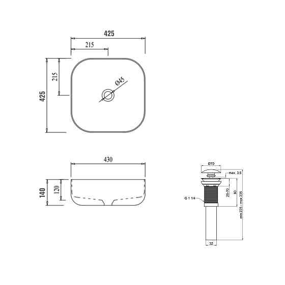 Комплект Qtap Kolibri: Раковина накладная 425x425x140 мм, White, квадратная + Донный клапан Pop-up PU02 Киев