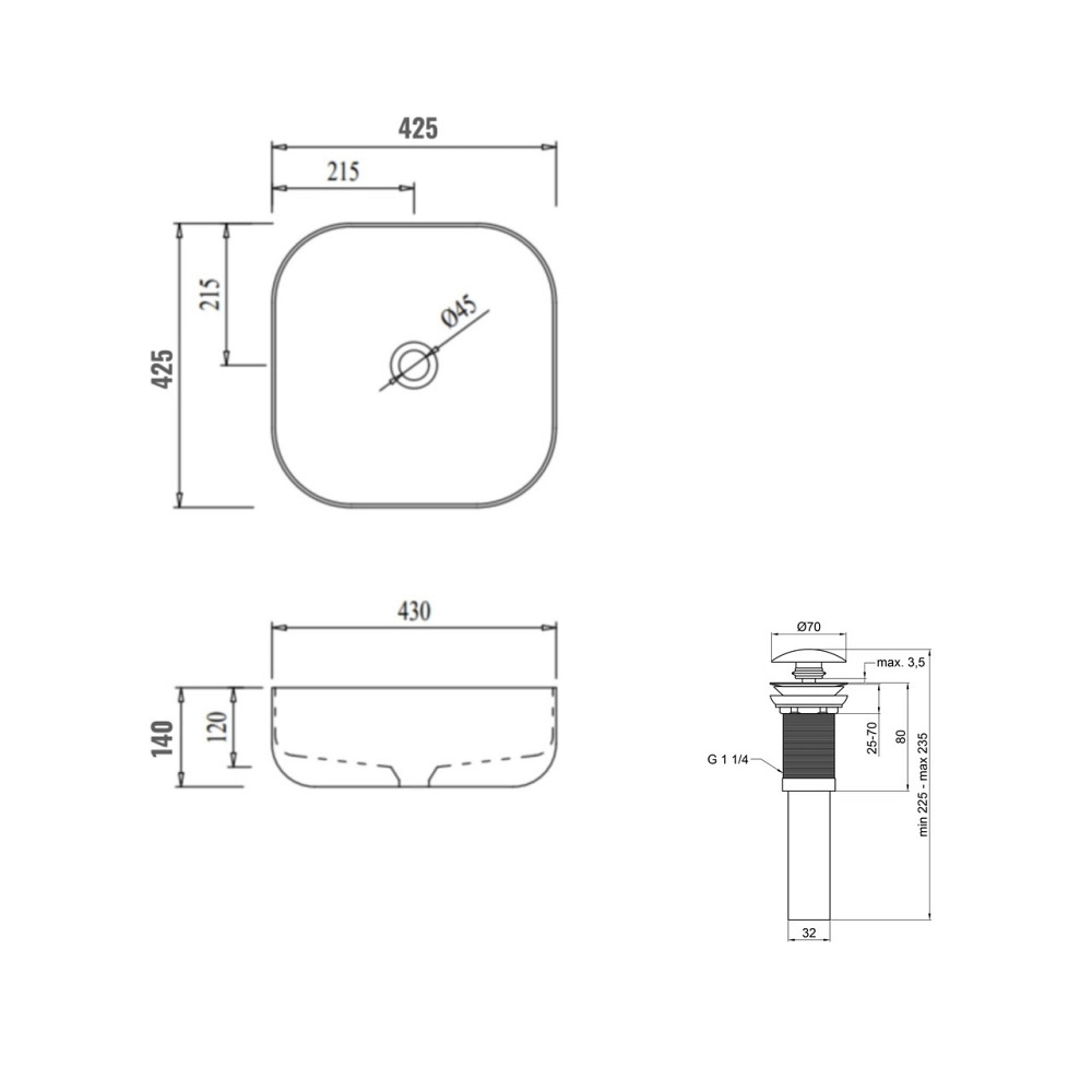 Комплект Qtap Kolibri: Раковина накладная 425x425x140 мм, White, квадратная + Донный клапан Pop-up PU02 Киев - изображение 2