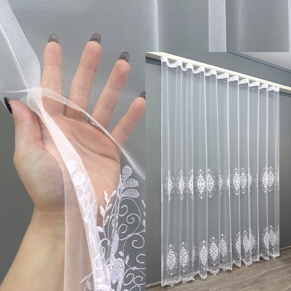 Тюль фатин с вышивкой цвет холодный белый 1842т Киев - изображение 1
