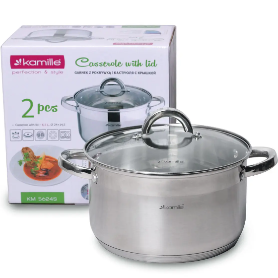 Каструля нержавіюча сталь 6,5л з кришкою порожнисті ручки 5624S KAMILLE Житомир - фото 1
