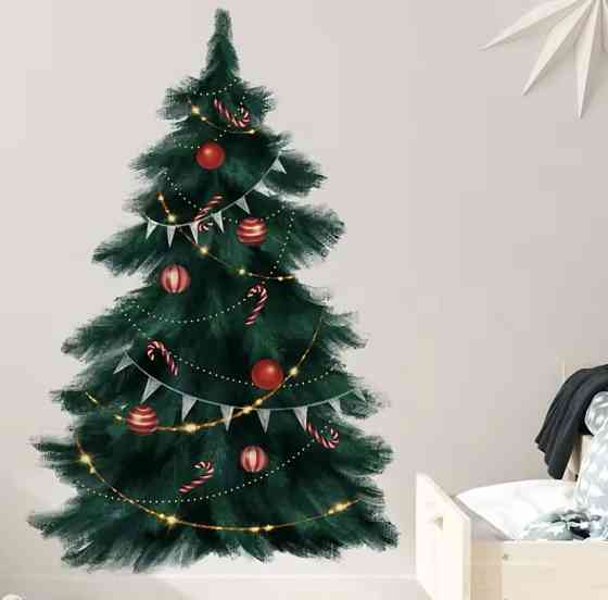 Наклейка новорічна на вікна Ялинка з кульками 95 на 63 см картина на 2-х листах розмірами 60на40см силікон зелений Київ