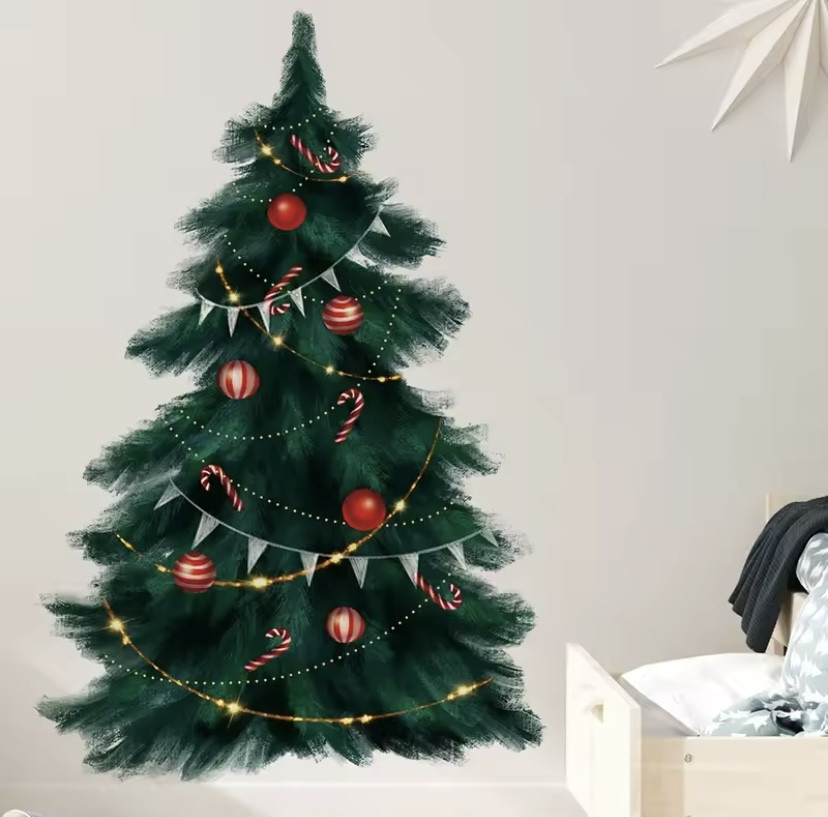 Наклейка новорічна на вікна Ялинка з кульками 95 на 63 см картина на 2-х листах розмірами 60на40см силікон зелений Київ - фото 2