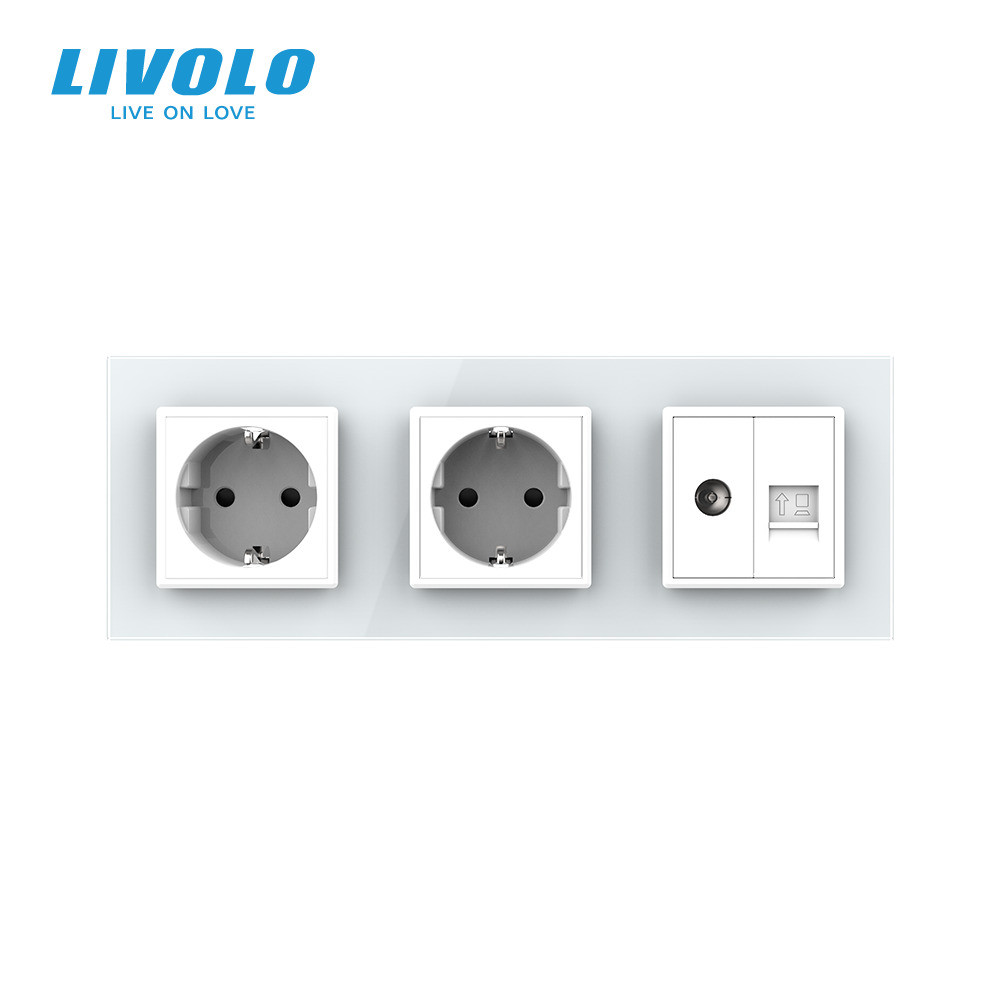 LIVOLO Розетка тримісна комбінована Силова Інтернет ТБ Livolo білий скло (VL-C7C2EU1C1V-11) Коломия - фото 2