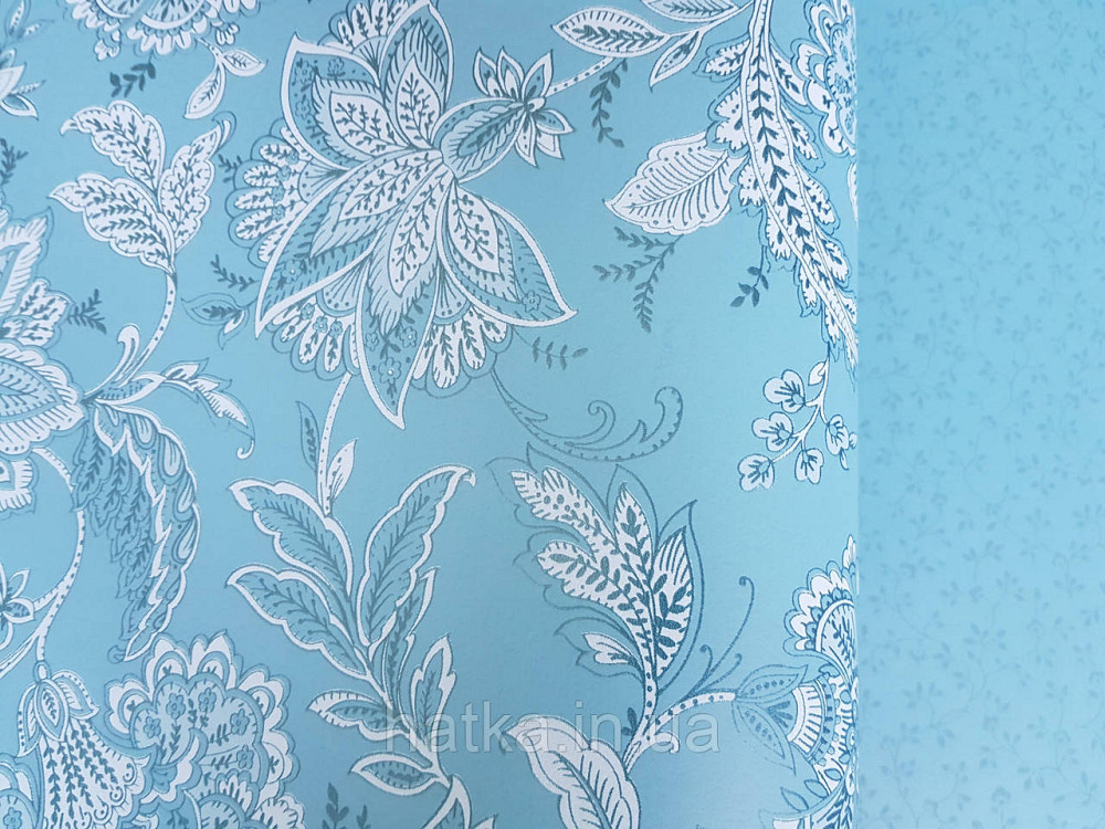 Шпалери флізелінові еко Rasch Sophia 0.53х10 рослинний принт квіти листя срібло білі на бірюзовом3д Київ - фото 2