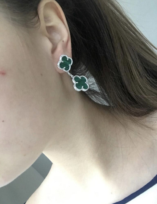 Сережки зелені Vancleef Ванкліф срібло дві квіточки Одеса - фото 2