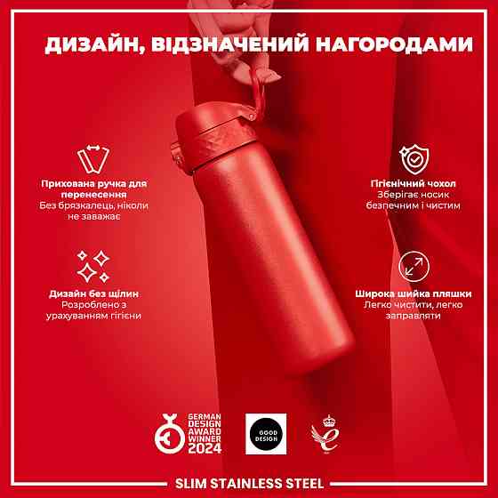 Пляшка для води металева ION8 600 мл. Stainless Steel, Red Кам'янське