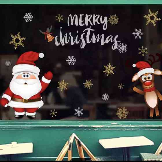 Новорічні наліпки "Дід мороз та олень" - розмір 4 стікерів в зборі 50*70см, силікон Київ